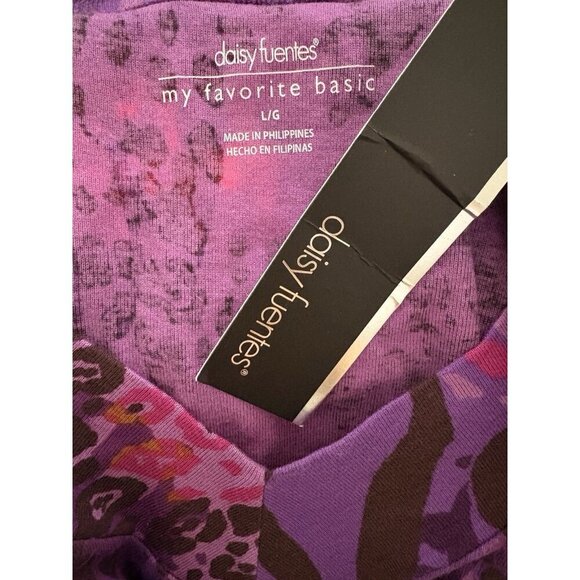 Daisy Fuentes L Purple Combo Animal Print V-Neckline Cotton 3/4 Sleeve T-Shirt - Picture 6 of 6